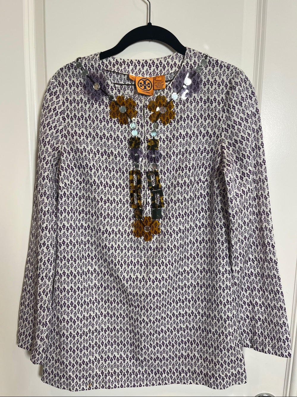Tory Burch Purple and White Cotton/Silk Tunic Top Size 6